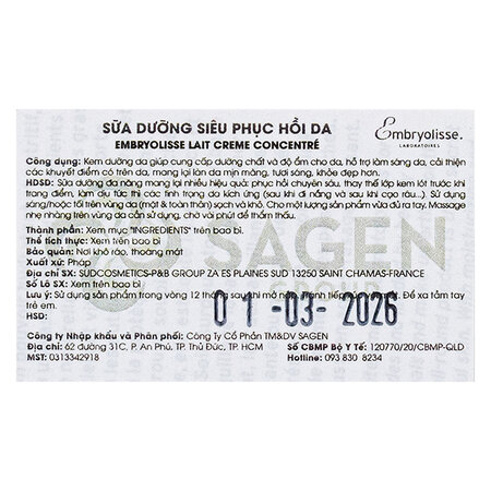 Sữa Dưỡng Ẩm Embryolisse Siêu Phục Hồi Da - Ảnh 2